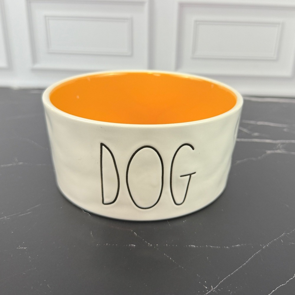 Rae‎ Dunn Ceramic Pet Bowl "DOG" LL Orange Gold Lined 6"